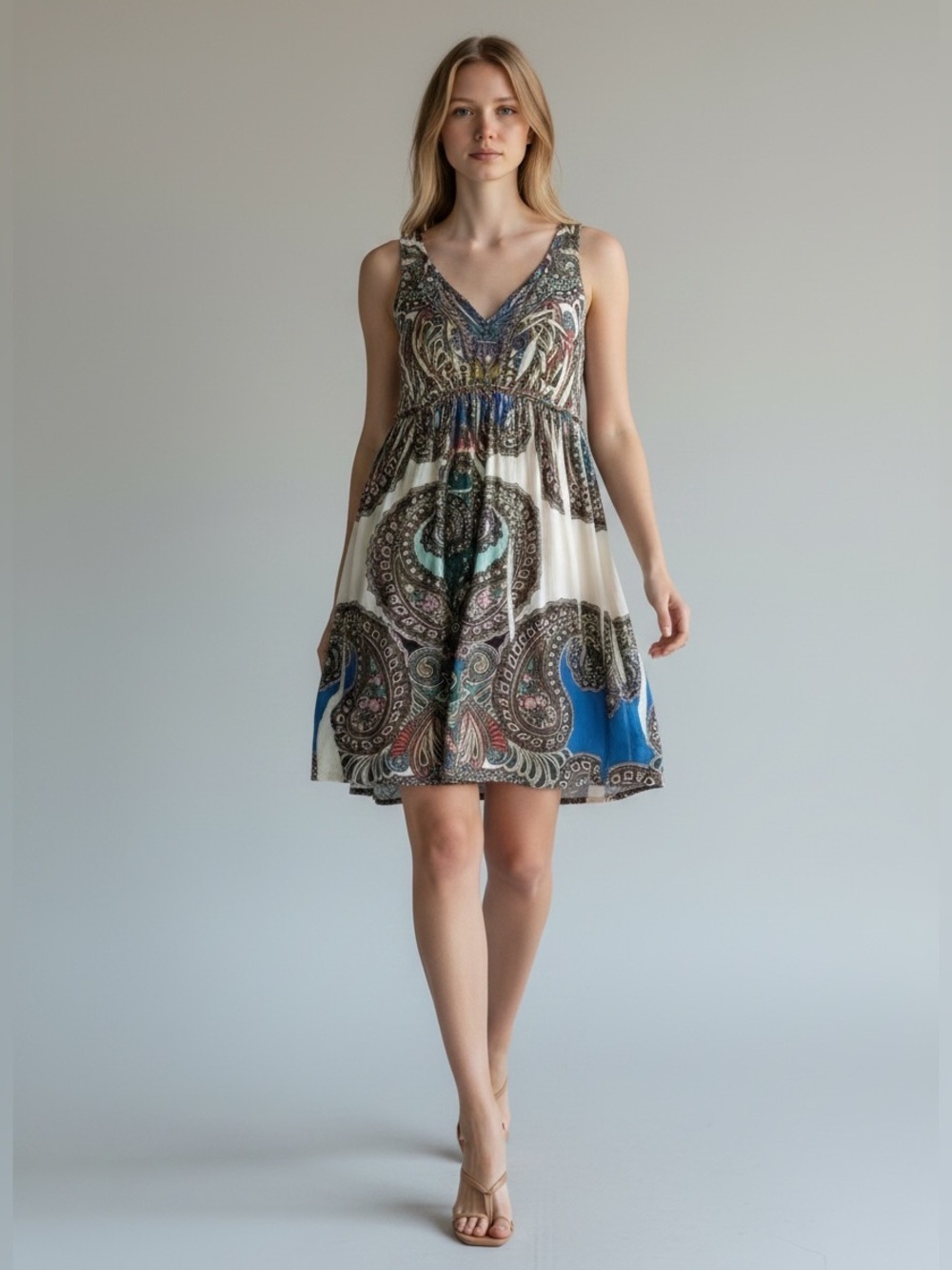 One World Boho Babydoll Dress Flowy Sleeveless Mini Cream Blue Paisley Medium